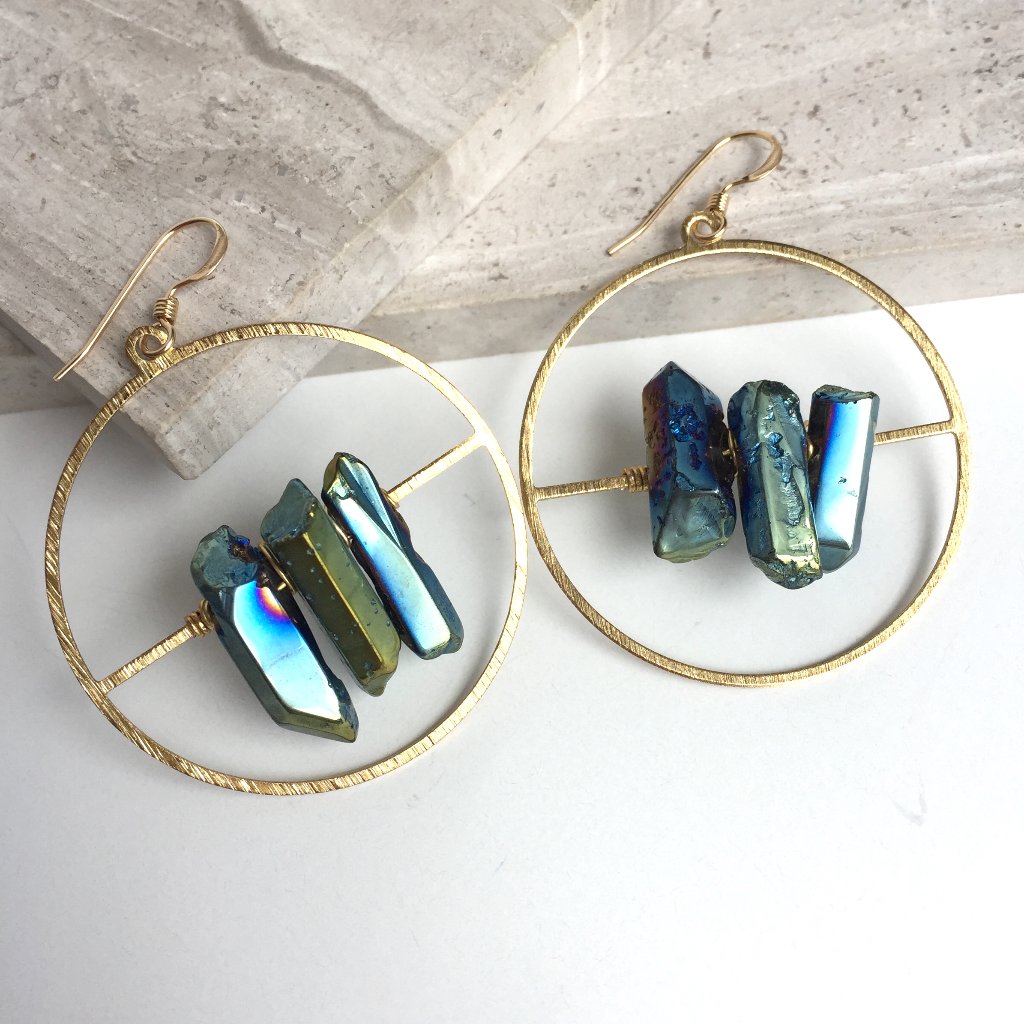 Blue Quartz Crystal Gold Hoop Earrings 40$